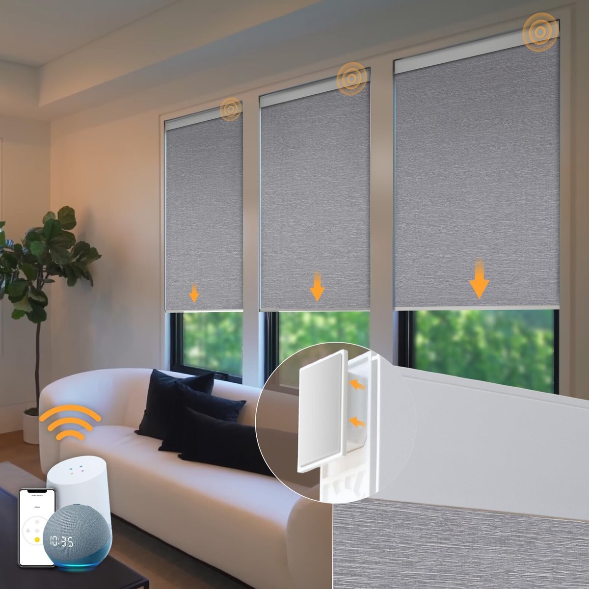 Modern bedroom with automated window treatments